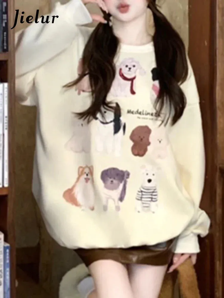 Metaversmall Casual Printing Apricot Women's Sweatshirts Winter O-neck Pullovers Fashion Female Streetwear Loose Chic Simple Hoodies