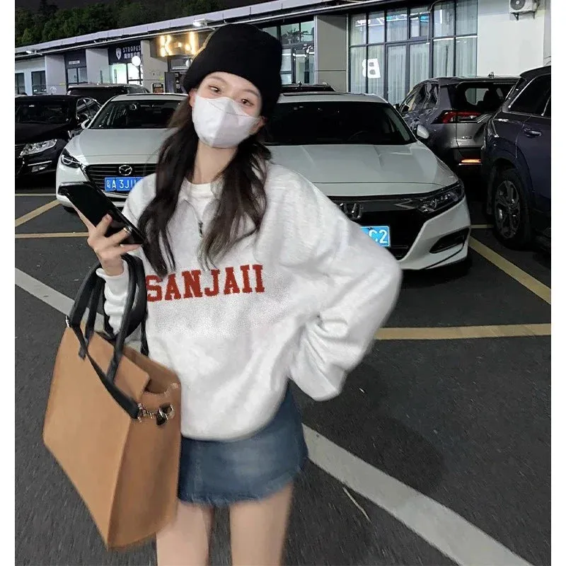 Metaversmall Chic Zipper Polo Pullovers Simple Letter Printing Female Hoodies Loose Solid Color Casual Fashion 5-colors Women Hoodies